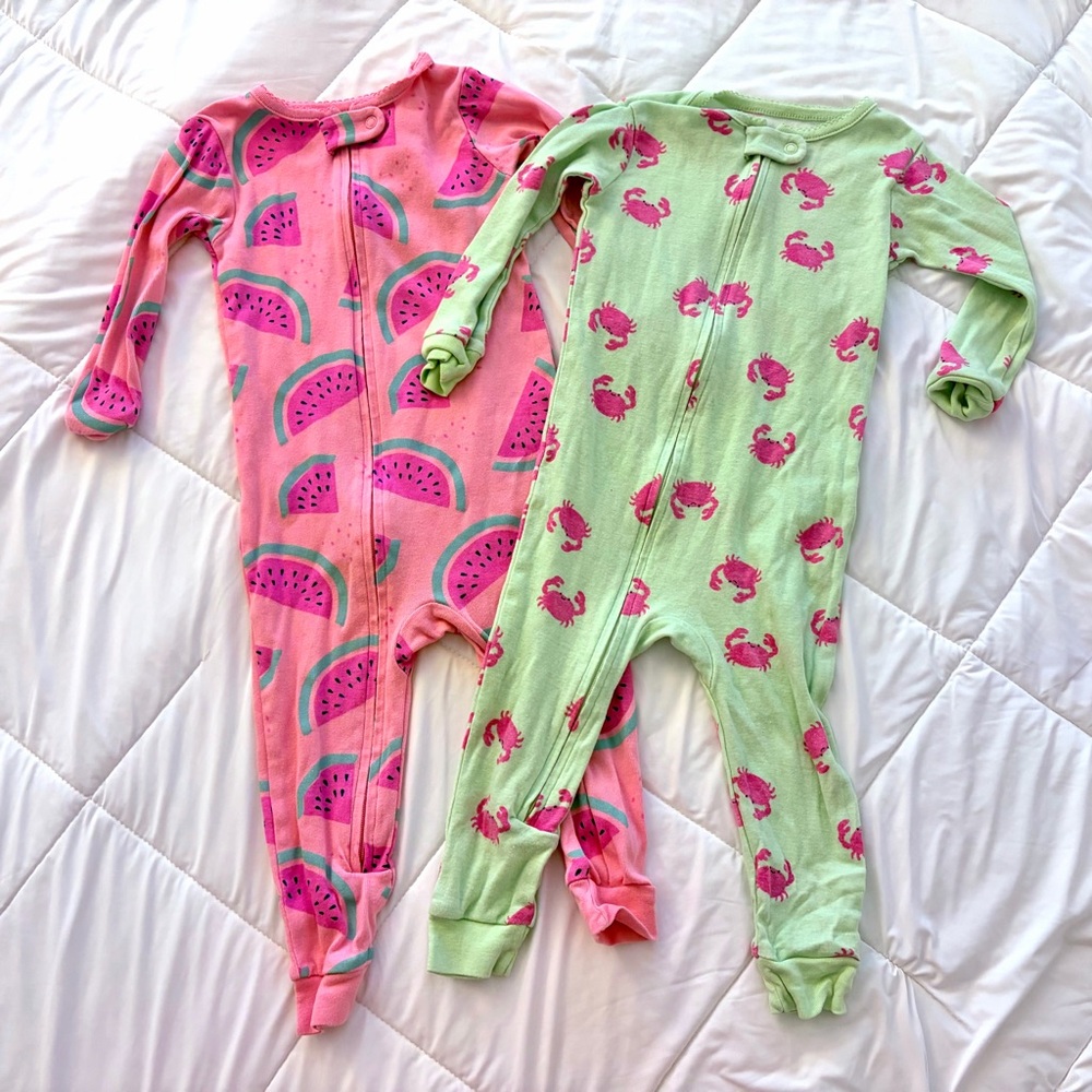 Carter's Just One You Set of 2 Pink Watermelon & Mint Crab One-Piece Pajamas